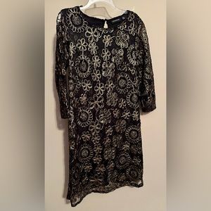 Nina Leonard Dress with Black Lace and Gold Flowers size Large